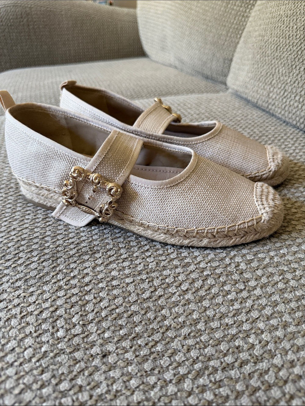 Sam Edelman Beige Canvas Mary Jane Espadrille Flats with Gold Buckle
